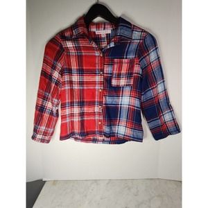 Crave Fame Almost Famous Women Blue Red Long Sleeve Button Up plaid Shirt Size M